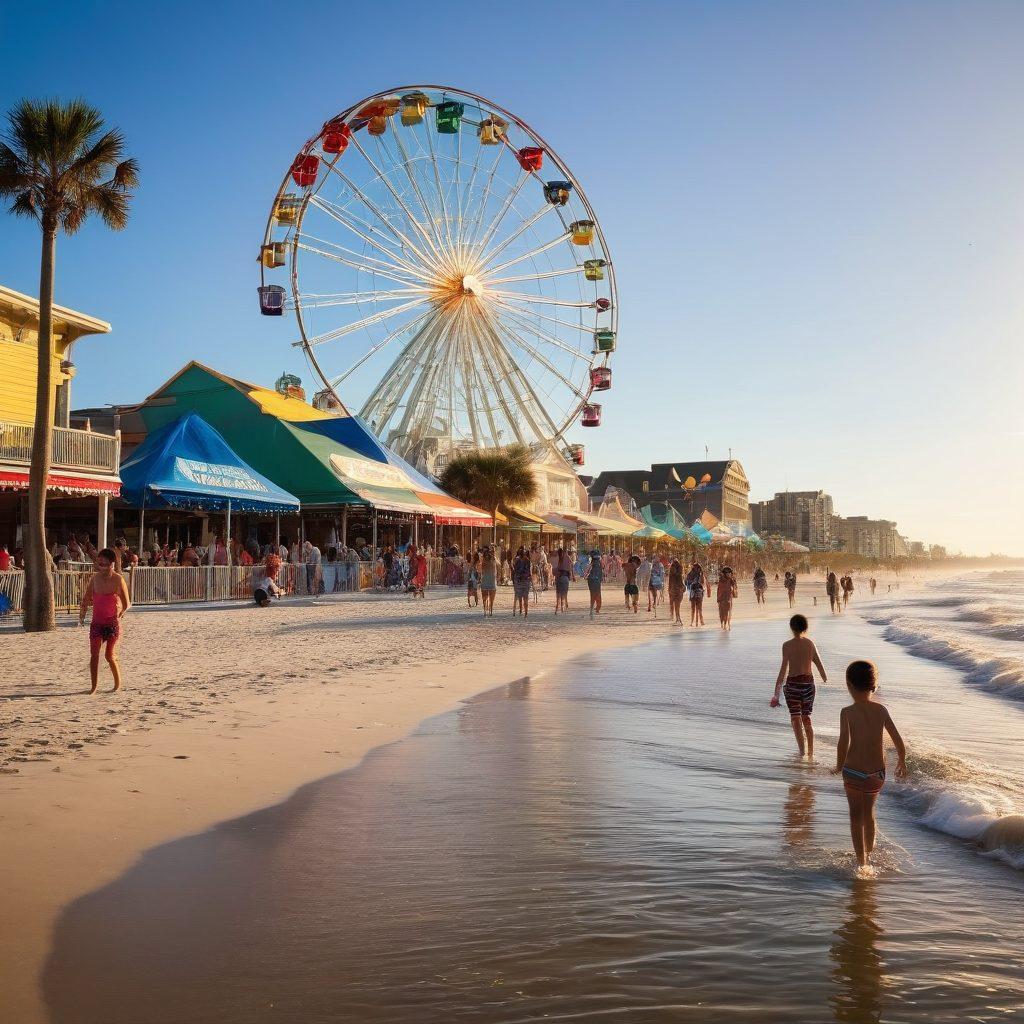 A lively scene showcasing a colorful Galveston Island festival with vibrant decorations, families enjoying beach activities, and kids playing in the sand. Include iconic landmarks like the Seawall and a Ferris wheel in the background under a bright blue sky. Capture the joyful, festive atmosphere with a sense of community and togetherness. super-realistic. vibrant colors.