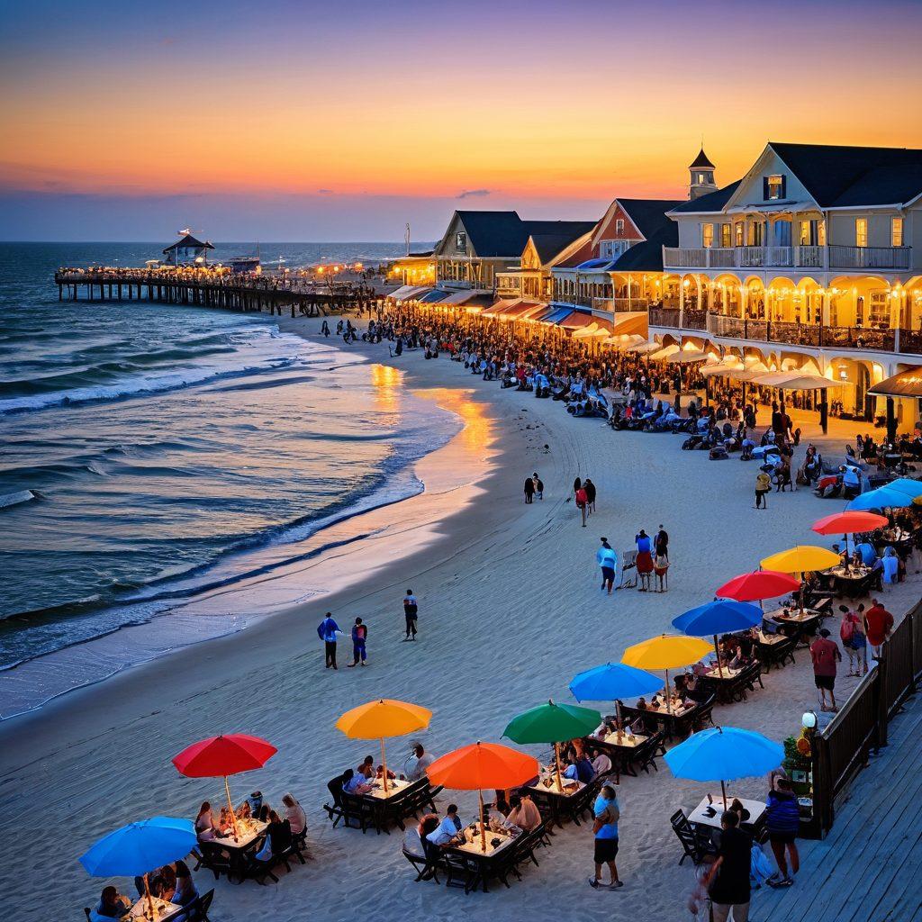 A picturesque beachfront view of Galveston, showcasing a lively outdoor dining scene with colorful umbrellas and seafood platters. Include the iconic Galveston pier and people enjoying local events like live music and festivals. The setting sun casts a warm glow over the ocean waves, creating a vibrant atmosphere. Incorporate elements of leisure, like beach-goers playing volleyball and families picnicking. super-realistic. vibrant colors. sunset backdrop.