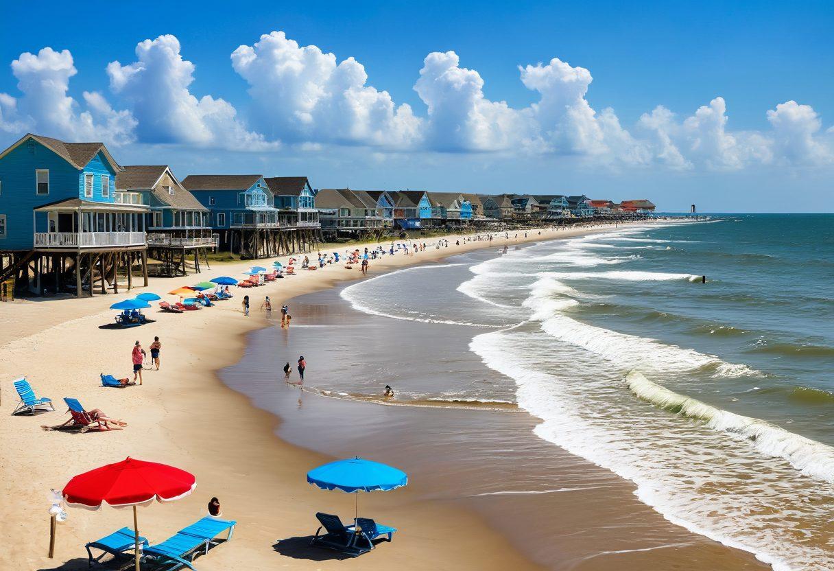 A vibrant beach scene depicting a lively Galveston coastline, featuring colorful beach umbrellas, families enjoying the sun, and vintage wooden beach houses in the background. The image includes iconic attractions like the Pleasure Pier and dolphins in the waves, complemented by a bright blue sky and fluffy white clouds. The overall atmosphere should convey a sense of fun and adventure, perfect for exploring coastal living. 3D. vibrant colors. super-realistic.